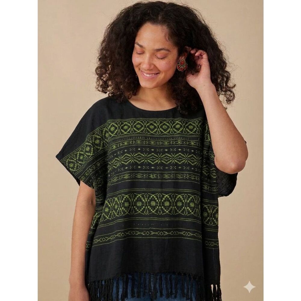 Mexican Handmade Poncho Top Boho Fringe Huipil Blouse One Size Huipil Festival